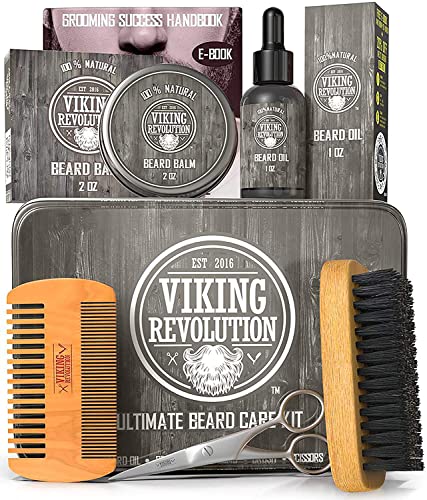 Viking Revolution Bartpflegeset für Männer - Ultimatives mit 100% Wildschweinborsten Bartbürste, Bartkamm aus Holz, Bart Balsam, Bartöl, Schnurrbart- & Bartschere - Geschenke Für Männer