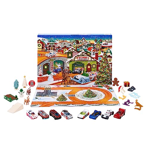 Hot Wheels Adventskalender 2023-8 Autos und 16 winterliche Zubehörteile hinter 24 nummerierten Türchen, inklusive Spielmatte, für Kinder Fans, HKL74