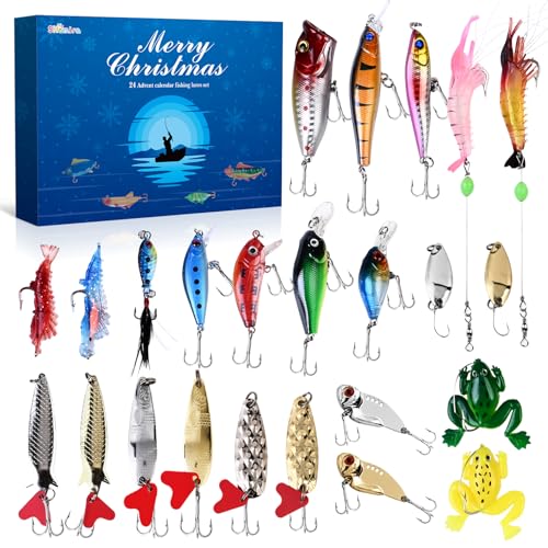 Shemira Angeln Adventskalender 2024 Erwachsene Männer Teen Jungen, 24 Tage Angelköder Weihnachten Countdown Kalender mit Löffeln Minnow Popper Crankbait VIB, Weihnachtsgeschenke für Männer Papa