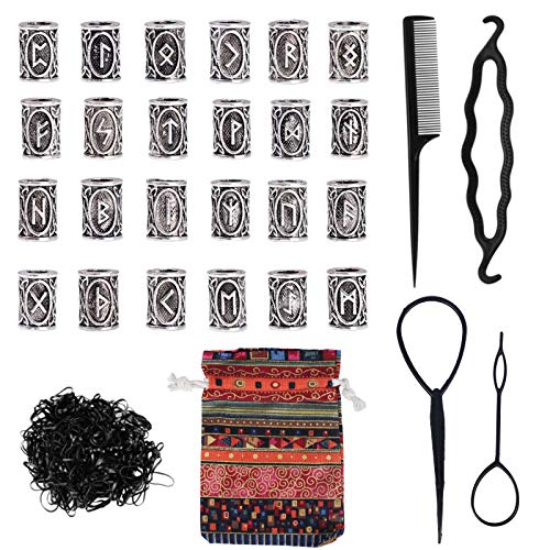 FOGAWA 30 Stück Bartperle Wikinger Rune Perlen Bart Perlen Flechten Perlen Nordische Haarperlen Dread Locks Perlen mit Gummibänder und Einfädler für Armband Halskette DIY Anhänger Schmuck