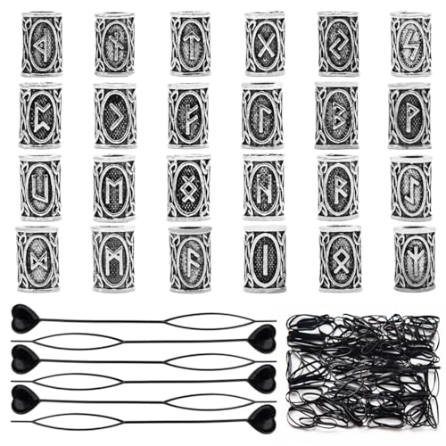 24 Stück Bartperlen Set Wikinger, Wikinger Rune Bart Perlen mit 6 Pull Haarnadel Quick Beader und 200 Gummibänder, Nordische Haarschlauch Perlen, Bartschmuck Männer für Armband Halskette DIY Anhänger