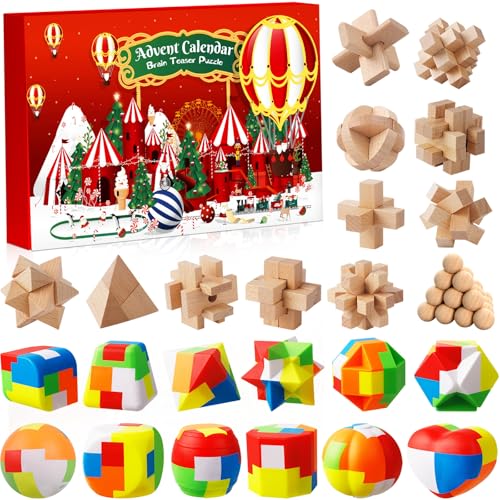 Adventskalender Knobelspiele 2024 für Kinder & Erwachsene-24 Tage von Weihnachtskalender Countdown mit Knobelei und 3D Holzk Puzzle, Weihnachts Geschenke für Jungen, Mädchen Teenager