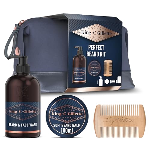 King C. Gillette Geschenkset Bartpflege Essentials: 350 ml Waschgel für Bart- und Gesichtpflege + 100 ml Bartbalsam für einen geschmeidigen Bart + Premium-Bartkamm + Kulturbeutel, Geschenk für Männer
