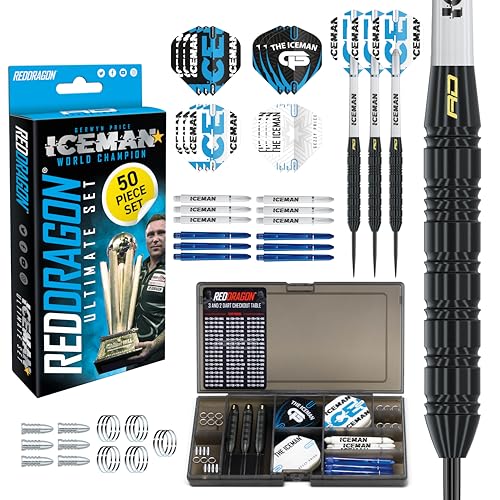 RED DRAGON Gerwyn Price Iceman Ultimate 50 Piece Darts and Accessory Set - 22 Gramm Steeltip Dartpfeile