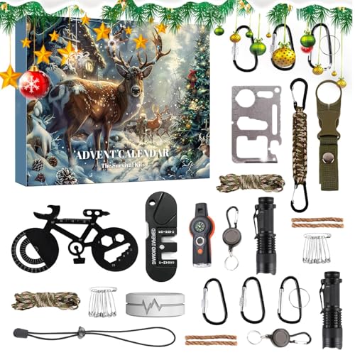 Umiocns Adventskalender Survival Kit, 2024 Survival & Mechanics Adventskalender für Männer, Weihnachts-Countdown-Kalender, Camping-Werkzeuge, Countdown-Kalender, Werkzeuge, 24 Tage für Wandern,