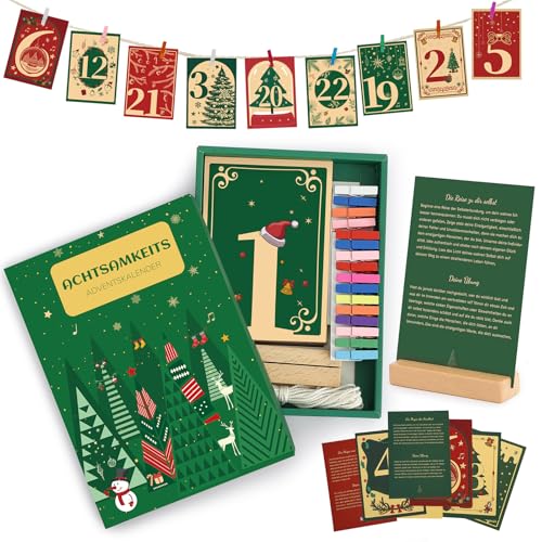 2024 Adventskalender mit Achtsamkeitsübungen, 24 Adventskalender für mehr Achtsamkeit & Motivation, Adventskalender mit Motivationskarten und Holzständer für Frauen & Freundin