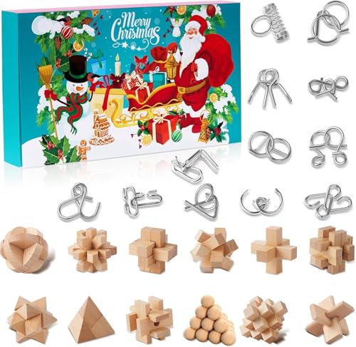 Adventskalender 2024 Knobelspiele für Kinder & Erwachsene-24 Tage von Weihnachtskalender Geschenke mit Metall Knobelei und 3D Holzk, Geschicklichkeitsspiele, IQ Puzzle für Jungen Mädchen Teenager