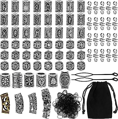 Queta 80 Runeperlen Set mit 300 Gummibänder Wikinger Bart Perlen Antik DIY Haar Bartperlen Nordische Haarschmuck Flechten Armband Anhänger Halskette Afrikanische Perlen Keramik