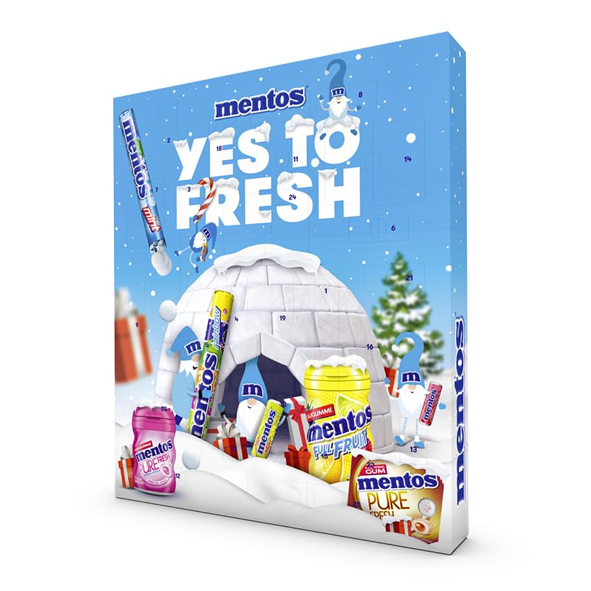 Mentos Adventskalender 2024, 24 Türchen mit einem Mix aus verschiedenen Sorten Kaubonbons und Kaugummi, 1x 444g