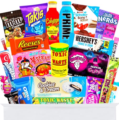 Amerikanische Süßigkeiten Box mit 24 viralen Bestsellern - Mit Takis Chips, Prime drink, Buldak ramen, Calypso, Schokobons Crispy etc. - 24 Süßigkeiten aus aller Welt - American Candy Süssigkeiten Box