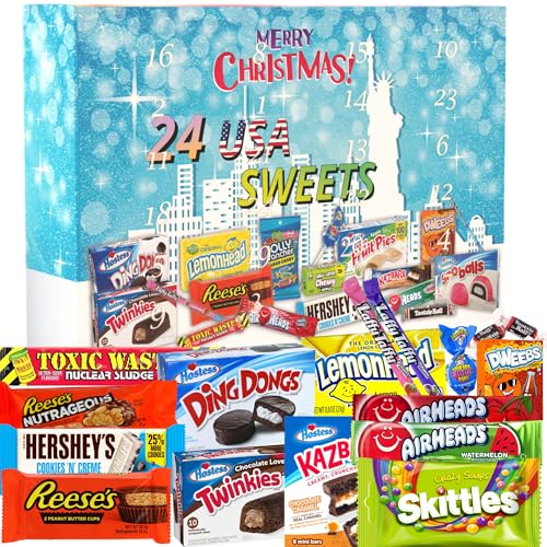 C&T Süßigkeiten USA Adventskalender 2024 | 24x amerikanische Candy & Sweets | Verbesserte Auswahl | Amerika Weihnachts-Kalender mit Süßigkeiten aus den Staaten